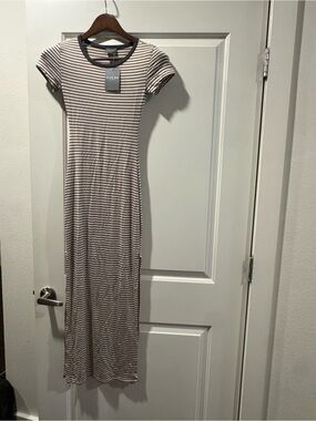 Olivia Rae Beige and Black Striped Short-Sleeve Maxi Dress